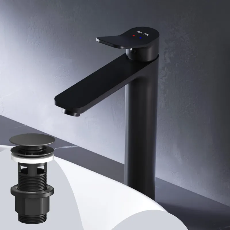 FXA92222 Bad Armatur X-Joy Waschtischarmatur Hoch mit Klick-Ablaufgarnitur Wasserhahn, Schwarz ampm-store.de