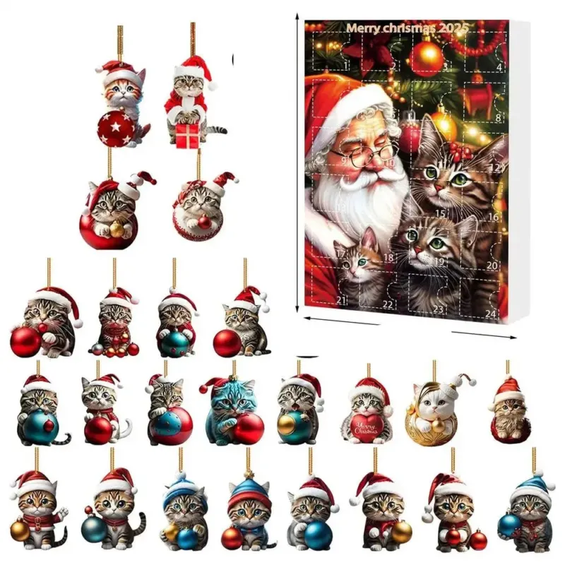 Cat Christmas Ornaments Set 24-Piece Acrylic Advent Calendar Decorations - Product showcase