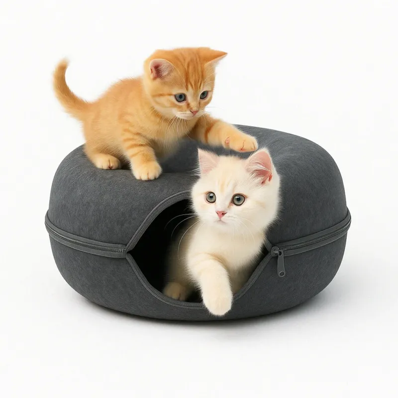 Cat Tunnel Bed Round Felt Cave with Zippered Opening - Product showcase