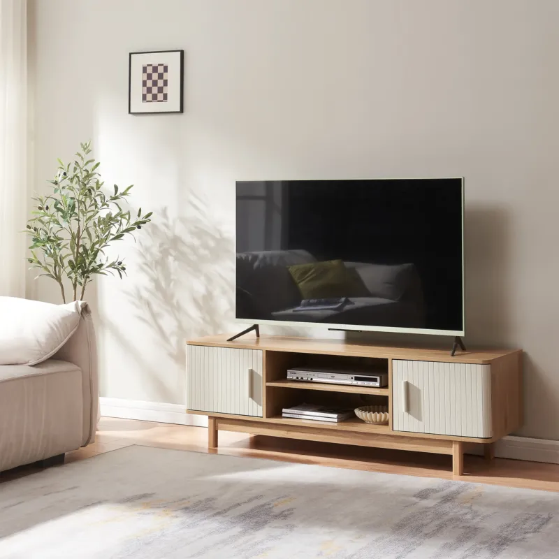 Fernsehschrank Ferrersp mit 2 Türen 140x40x45 cm Eicheoptik/Sandfarben [en.casa]