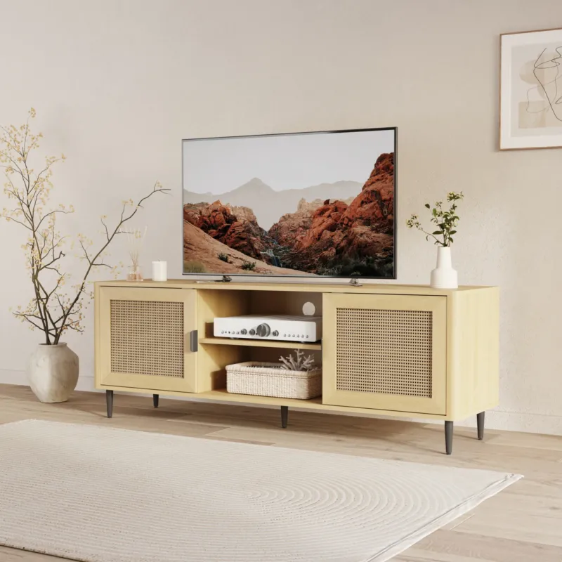Fernsehschrank Lukhomso 152x40x54 cm Eicheoptik/Rattanoptik [en.casa]