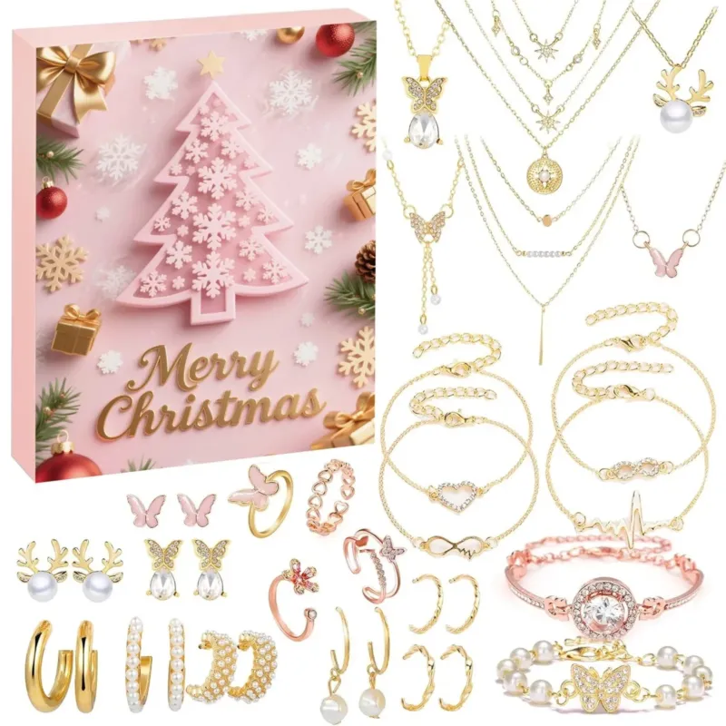 Christmas Jewelry Advent Calendar 24 Gold Pink Accessories - Product showcase