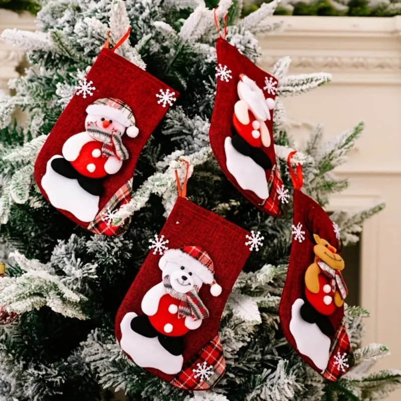 Christmas Stockings Set Red Fabric Santa Snowman Reindeer Design - Detailed view