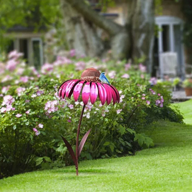 Decorative Metal Bird Feeder Pink Flower Garden Ornament - Detailed view