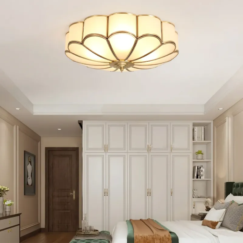 Art Deco Ceiling Light Floral Glass Shade With Brass Trim - Product showcase