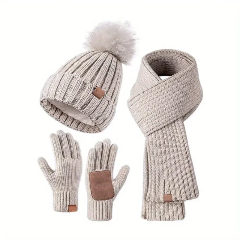 Knitted Winter Accessories Set Hat Scarf Gloves with Touchscreen Tips - Product showcase