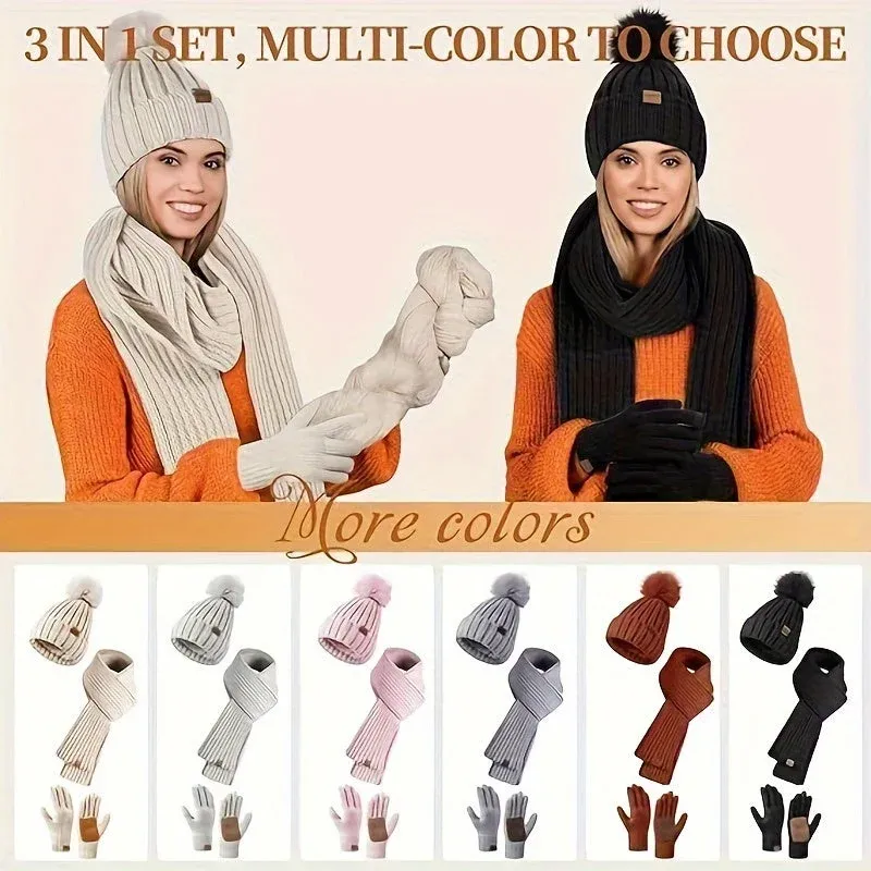 Winter Knit Hat Scarf Gloves Set Touchscreen Compatible 3-Piece - Detailed view