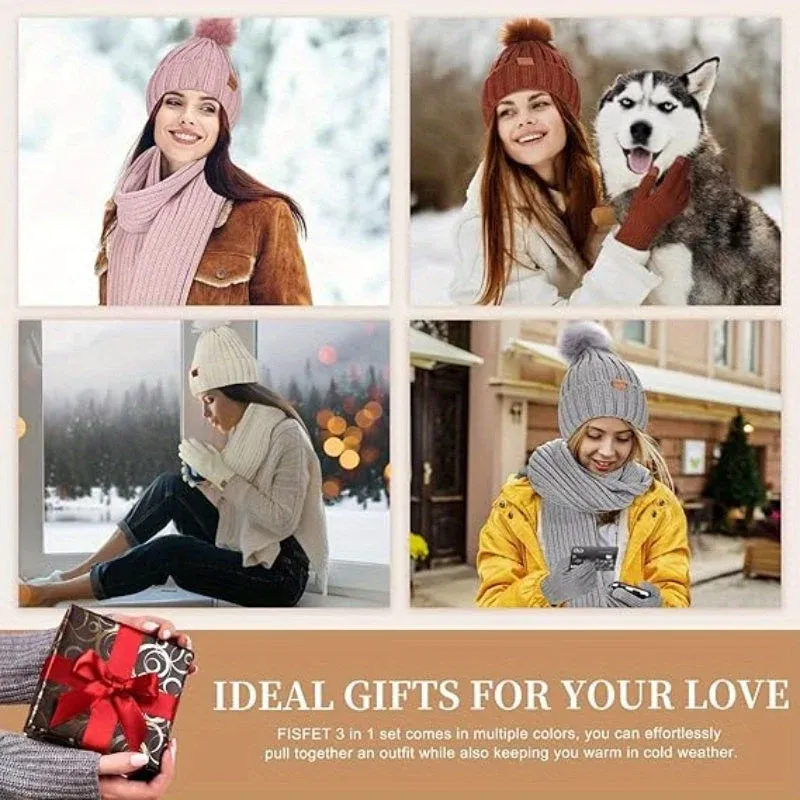 Winter Knit Hat Scarf Gloves Set Touchscreen Compatible 3-Piece - Product example