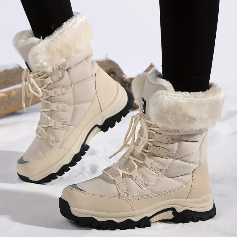 Womens Winter Boots Beige Fur-Lined Snow Boots with Non-Slip Sole - Detailed view
