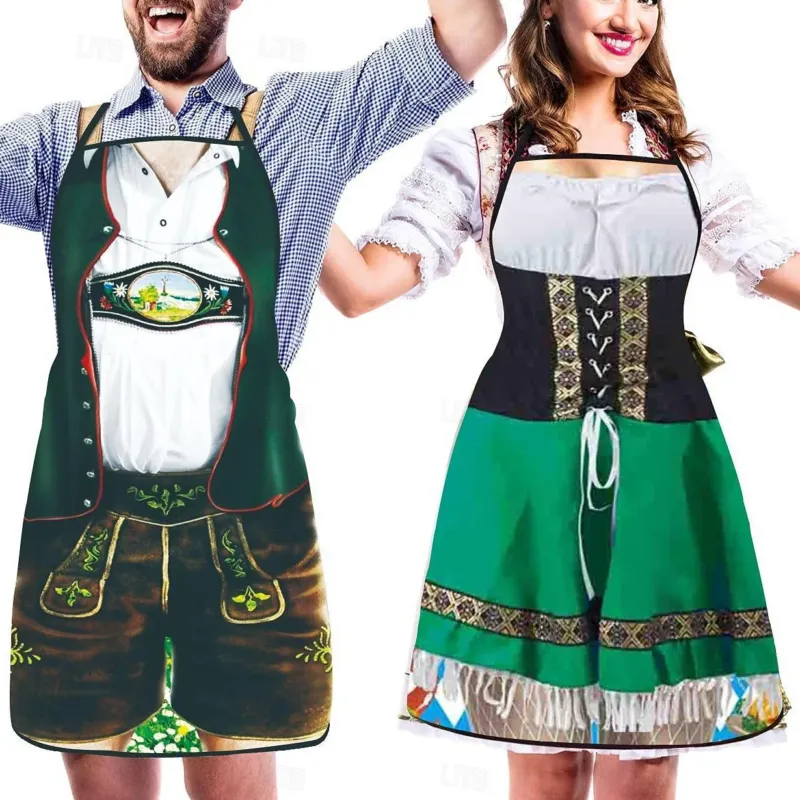 Traditional Oktoberfest Aprons Bavarian Couple Set With Dirndl Lederhosen Print - Product showcase