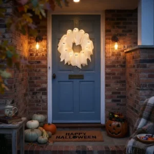 Halloween Kranz mit LED Beleuchtung – 12 leuchtende Geister, 31 cm