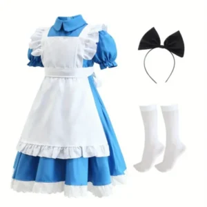 Classic Storybook Dress Set Blue Cotton Puff Sleeve Costume - Product showcase