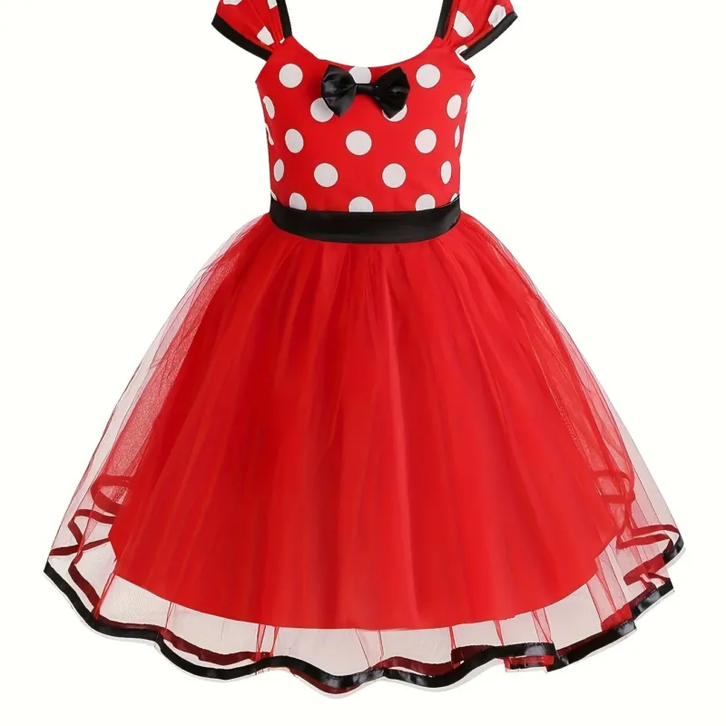 Girls Polka Dot Tulle Dress Classic Red With Black Bow - Product showcase