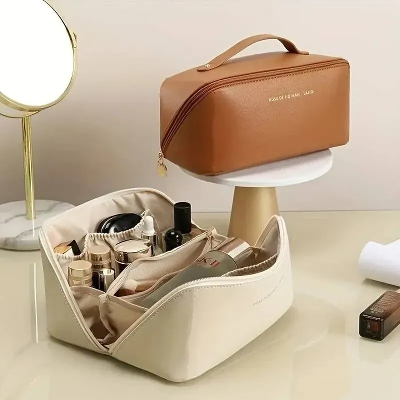 Travel Cosmetic Organizer Bag Premium PU Leather with Wide Opening - Product showcase
