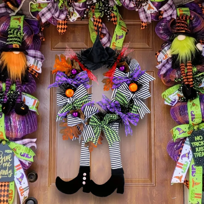 Halloween Door Wreath Witch Legs With Striped Stockings - Product showcase