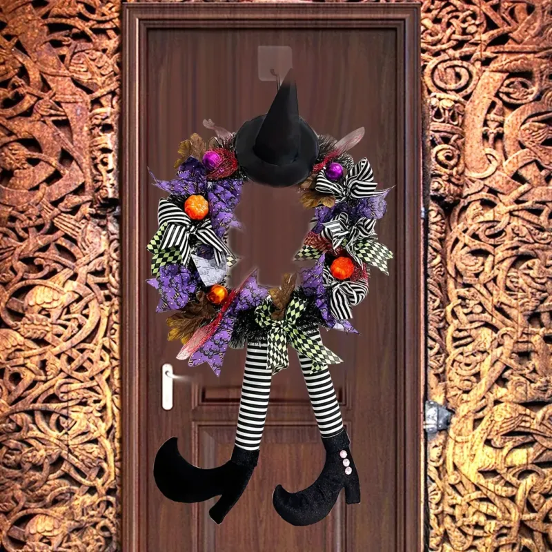 Halloween Door Wreath Witch Legs With Striped Stockings - Detailed view