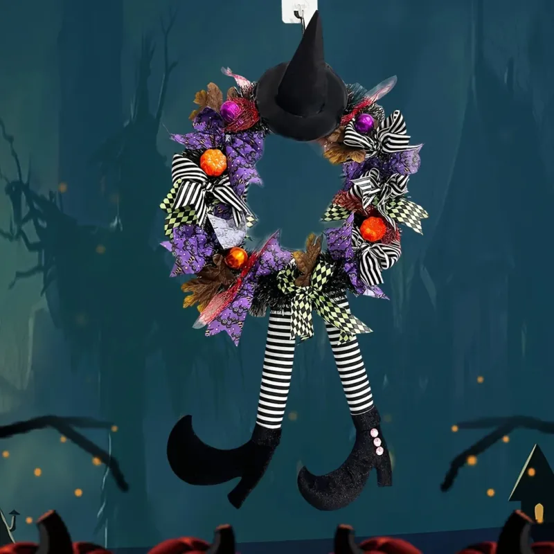 Halloween Door Wreath Witch Legs With Striped Stockings - Product example