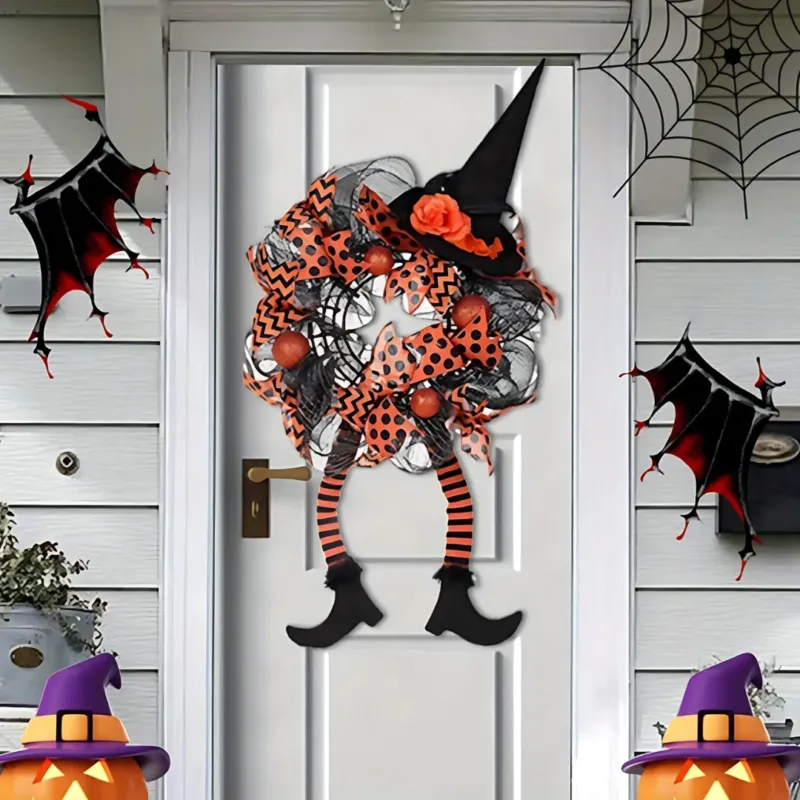 Halloween Door Wreath Witch Legs Mesh Design - Product example