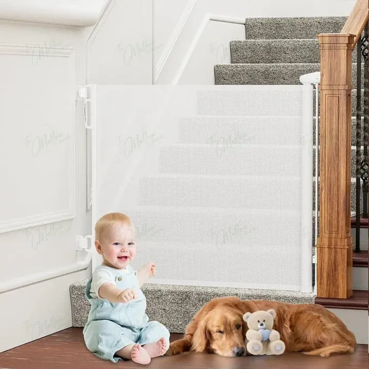 Retractable Baby Gate Wall-Mounted Mesh Safety Barrier - Product showcase