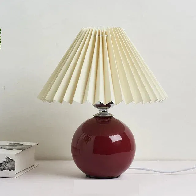 Ceramic Table Lamp Pleated Cream Shade with Burgundy Base - Product showcase