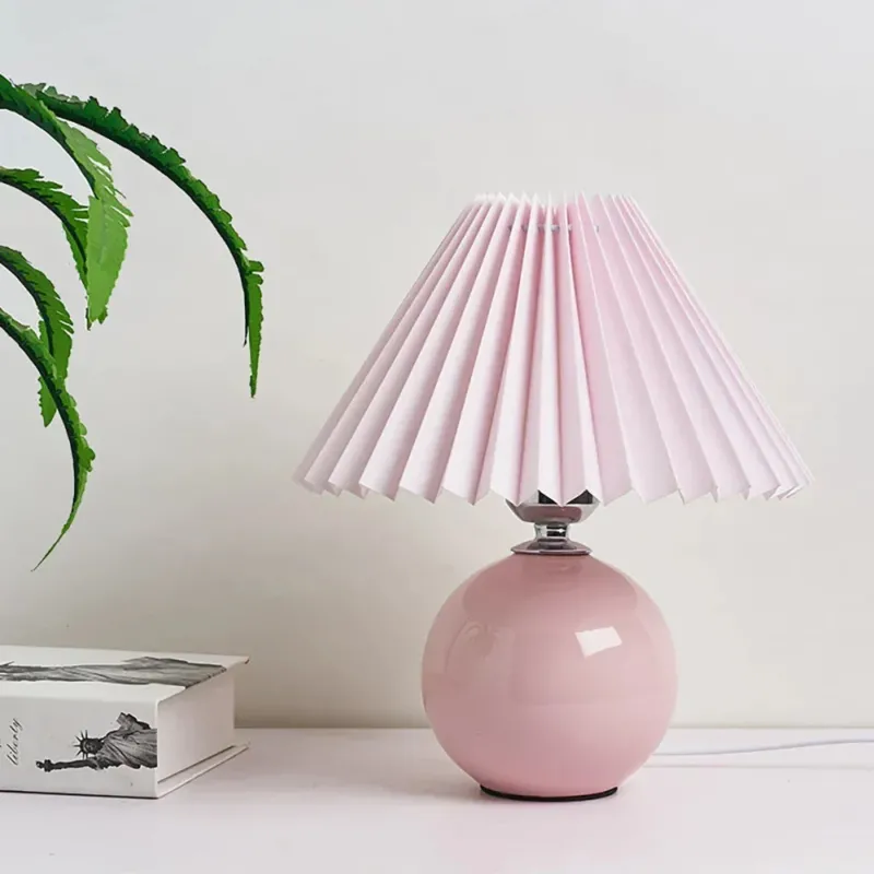 Vintage Table Lamp Pleated Cream Shade with Ceramic Base - Detailed view