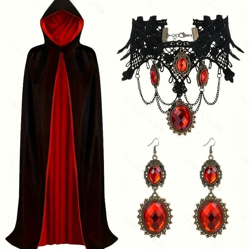 Gothic Halloween Cape Black Red Reversible Cloak With Jewelry Set - Product showcase