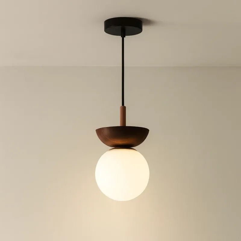 Minimalist Pendant Light Walnut Wood Globe Design - Product showcase