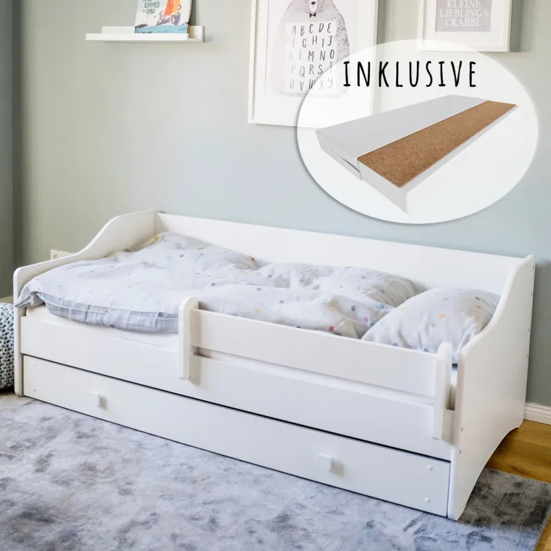 Kinderbett Jugendbett 80x160 und 80x180 cm mit Matratze, Schublade & Rausfallschutz mit punktelastischer Matratze mit Kokos-Naturfaser
