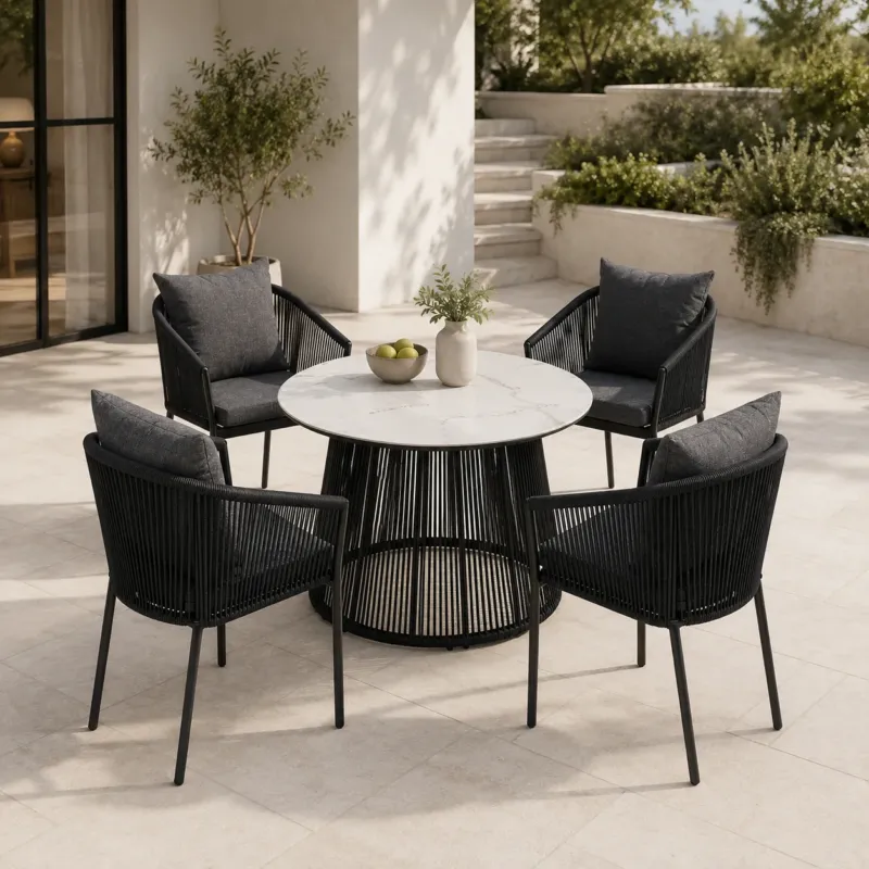 Home Collective Gartenmöbel Set Balkonmöbel Lounge Möbel Outdoor Outdoormöbel | 5-teilig | 4 Stühle 1 Tisch Ø 100 cm | abziehbare Kissen Glastisch in Marmor-Optik | Garten Terrasse Balkon | schwarz