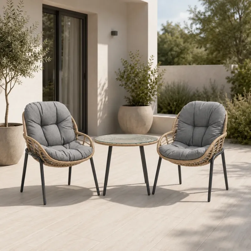 Home Collective Gartenmöbel Set Balkonmöbel Lounge Möbel Outdoor Outdoormöbel | 3-teilig | 2 Stühle 1 Beistelltisch Ø 56 cm | abziehbare Kissen Klarglas Tisch | Garten Terrasse Balkon | Natur Schwarz