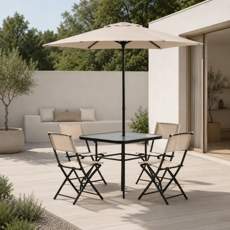 Home Collective Gartenmöbel Set Balkonmöbel Essgruppe Outdoor Terrassenmöbel Sitzgruppe | 6-teilig | 4 Klappstühle 1 Glastisch 1 Sonnenschirm | wetterfest | Garten Terrasse Balkon | Beige/Schwarz