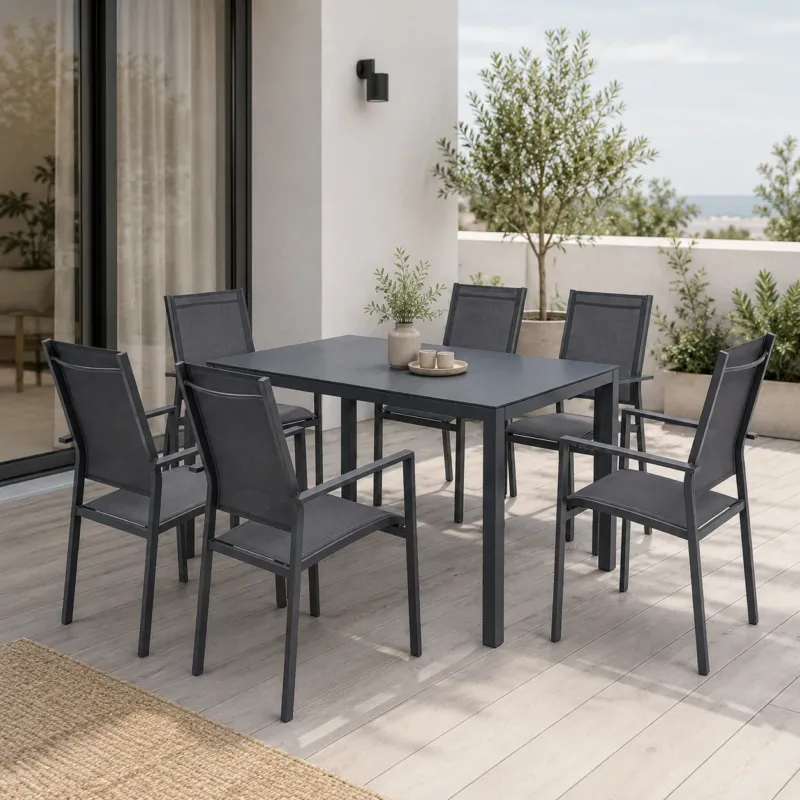Home Collective Gartenmöbel Set Balkonmöbel Essgruppe Outdoor Terrassenmöbel Sitzgruppe | 7-teilig | 6 Stühle 1 Metalltisch | Textilene wetterfest | Garten Terrasse Balkon | Dunkelgrau Schwarz
