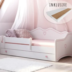 Kinderbett Mädchen Jugendbett 80x160 | 80x180 cm mit Matratze Rausfallschutz & Schublade | Prinzessin Kinder Sofa Couch Bett umbaubar rosa oder grau weiß