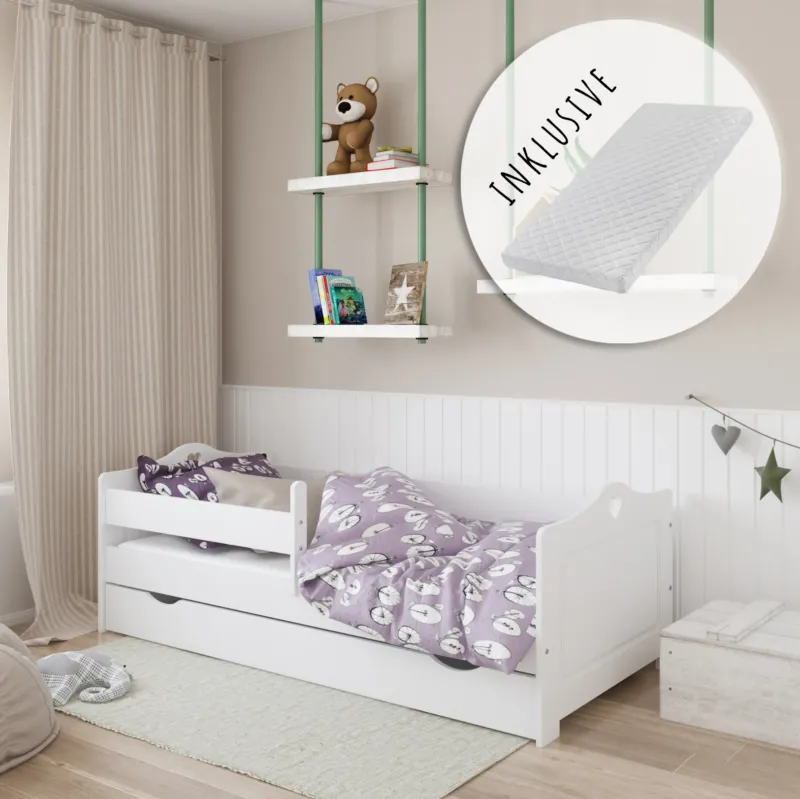 Kinderbett 80x160 | 80x180 | 90x200 cm mit Matratze, Rausfallschutz, Schublade & Lattenrost in weiß oder weiß-pink Mädchen Bett Herz