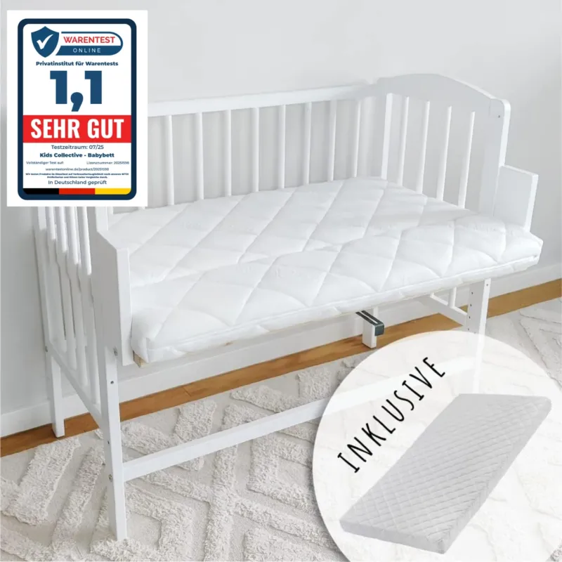 Babybett Beistellbett 90x40 cm mit Matratze, umbaubar zu 90x55 cm, 9 mal verstellbare Liegehöhe, auch als Babywippe nutzbar, Kiefer-Vollholz in weiß