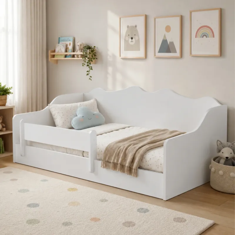 Kids Collective Kinderbett Bodenbett 160 x 80 cm Bett mit Rausfallschutz & Lattenrost | Montessori Bett Gitterbett Jugendbett Einzelbett | Kleinkindbett für Jungen & Mädchen | Weiß
