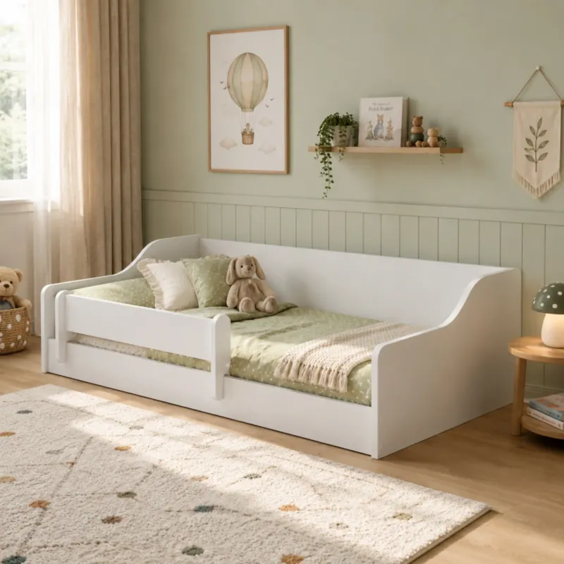 Kids Collective Kinderbett Bodenbett 160 x 80 cm Bett mit Rausfallschutz & Lattenrost | Montessori Bett Gitterbett Jugendbett Einzelbett | Kleinkindbett für Jungen & Mädchen | Weiß