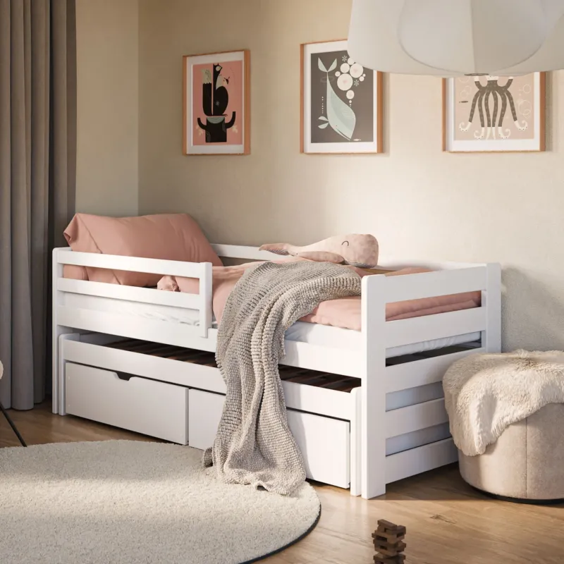 Einzelbett 90x200 cm mit Rausziehbett 90x190 cm mit zwei Matratzen (optional) und zwei Schubladen, Rausfallschutz und Lattenrosten, Vollholz massiv, Kinderbett Funktionsbett