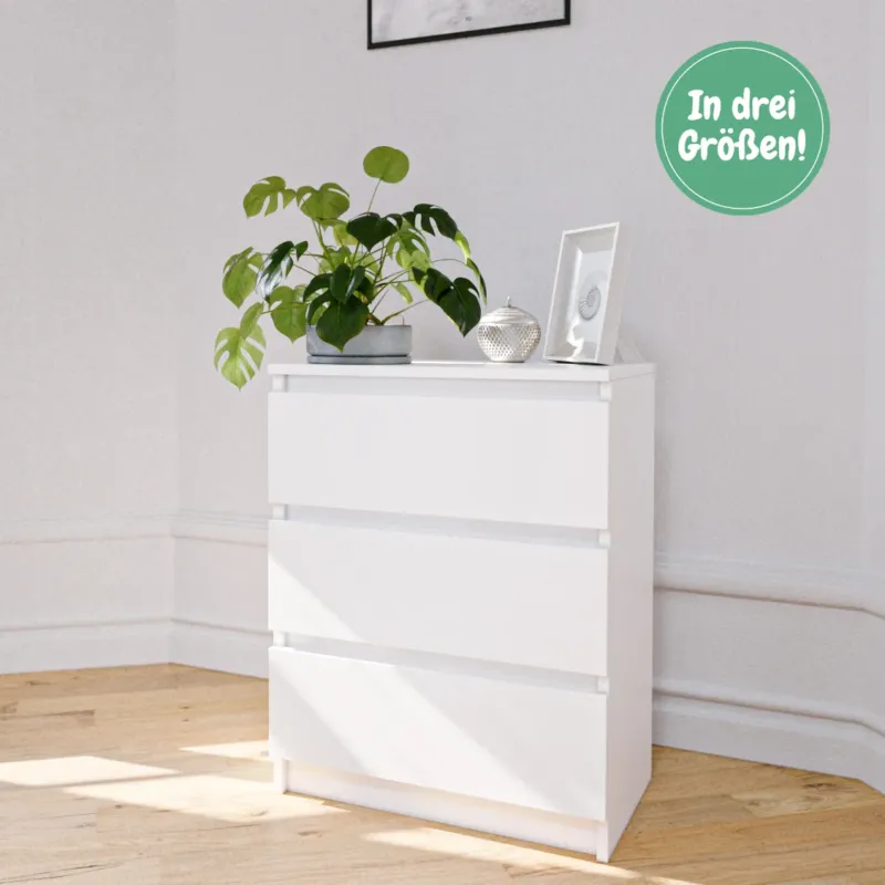 Kommode weiß mit drei, vier oder fünf Schubladen, Schlafzimmer Flur kleiner Nachttisch, Schrank, Sideboard, Highboard, Breite 60 cm
