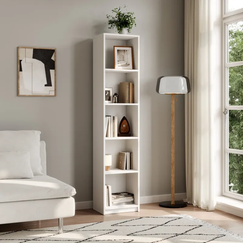 Bücherregal Aktenregal Standregal Raumteiler weiß mit 5 offenen Fächern aus MDF Holz | Breite 40 cm, 50 cm oder 60 cm