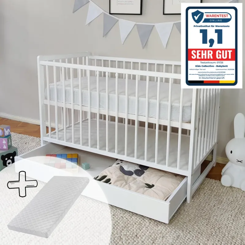 Babybett Kinderbett 60x120 Gitterbett Baby Bett Komplett-Set mit Matratze Beistellbett mitwachsend, Lattenrost höhenverstellbar mit abnehmbaren Sprossen, mit Schublade | weiß Kiefer-Vollholz