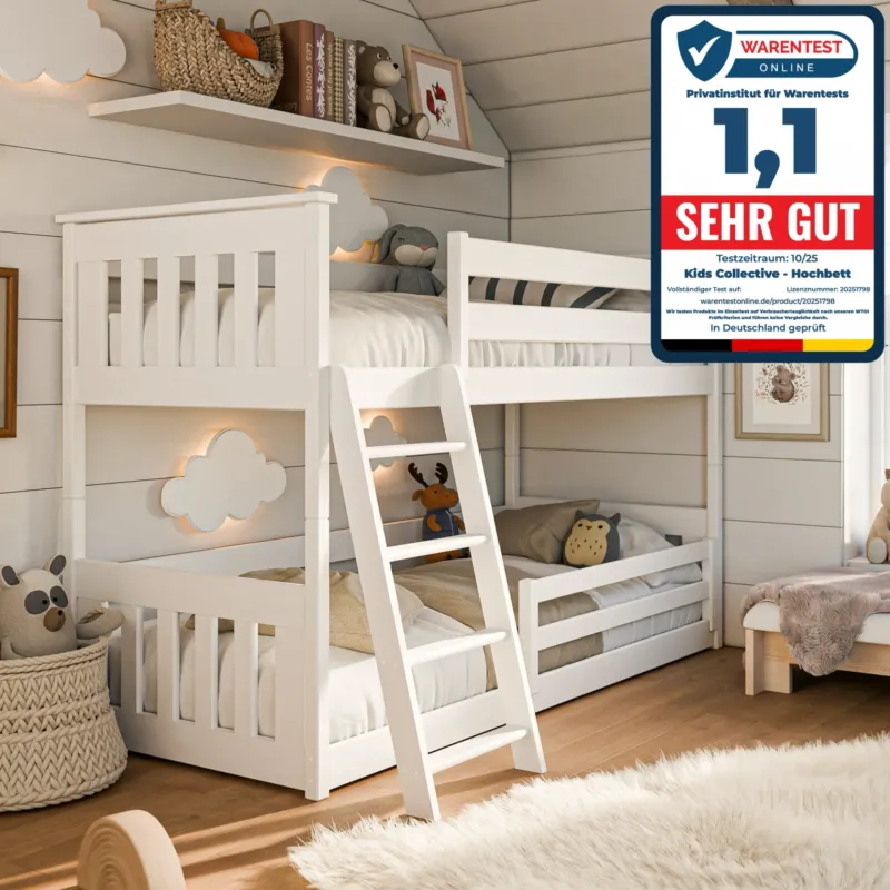 Hochbett 90x200 cm mit Matratze (optional) Rausfallschutz & zwei Lattenroste in weiß und natur Mädchen Jungen Bett Kinderbett Jugendbett 200x90 cm