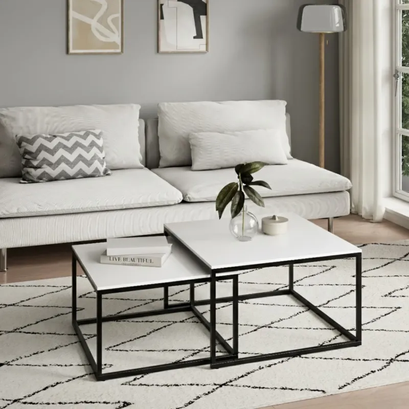 Couchtisch Groß 2er Set aus Holz, Wohnzimmertisch Modern, Beistelltisch Set 2 in 1 mit Metallgestell für Wohnzimmer Büro Beistelltisch Loft Design TWIN, kratzfeste Oberfläche