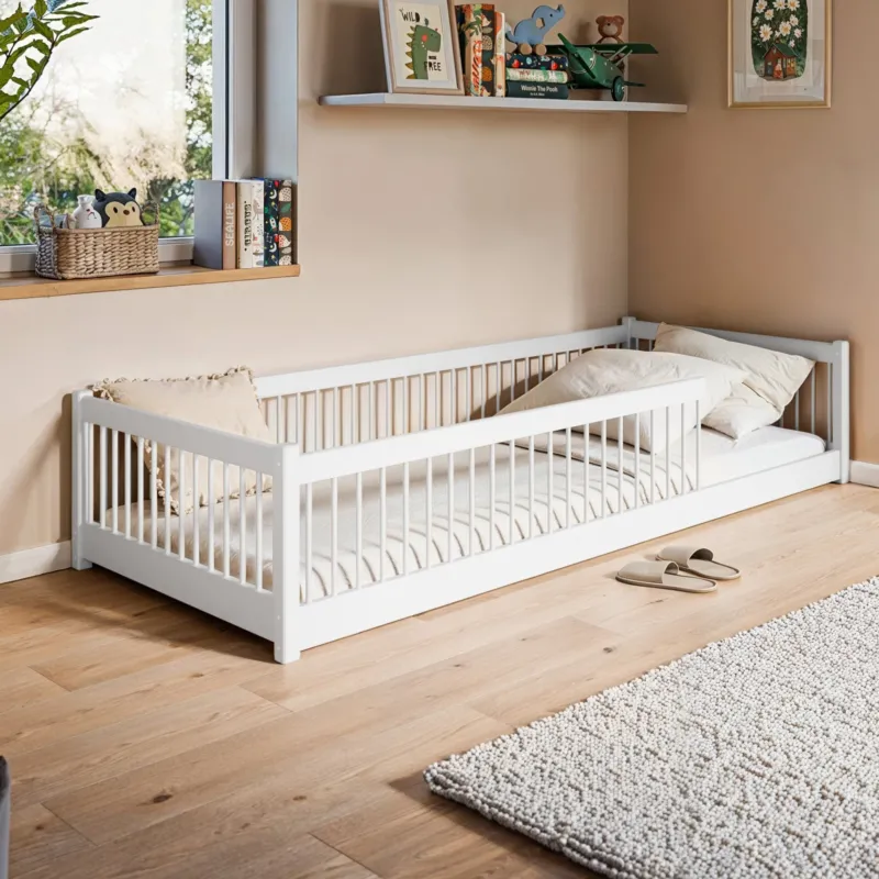 Kinderbett Bodenbett 90x200 cm Bett mit Rausfallschutz & Lattenrost Montessori Bett Bed Gitterbett Kinder Jugendbett Einzelbett optional mit Matratze | Design Kiefer Holz massiv Junge Mädchen