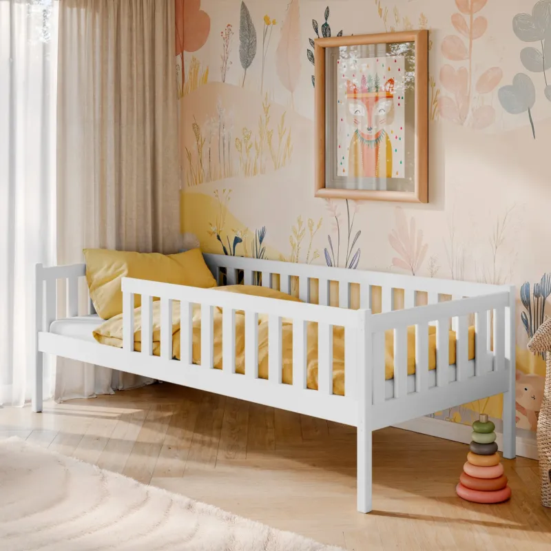 Kinderbett mit Rausfallschutz, Lattenrost und optionaler Matratze, Kinder Bett | sicher & stabil | weitere Größen: 80x160, 80x180, 90x190, 90x200 cm | erhältlich in weiß und natur | mit optionalem Ausziehbett und zwei optionalen Schubladen