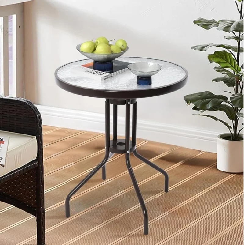 Gartentisch Balkontisch Beistelltisch Outdoor Balkonmöbel kleiner Balkon Bistrotisch kleiner Balkontisch Runde Platte aus gehärtetem Glas, pulverbeschichteter Metallrahmen | Schwarz