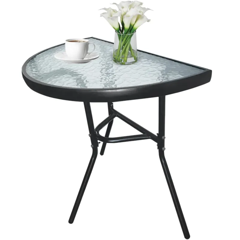 Gartentisch Balkontisch Beistelltisch Outdoor Balkonmöbel kleiner Balkon Bistrotisch kleiner Balkontisch Halbrund und Quadratisch Platte aus gehärtetem Glas, pulverbeschichteter Metallrahmen | Schwarz