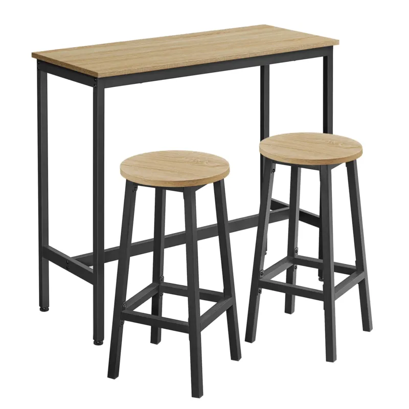 Bartisch-Set, Bartisch mit 2 Hockern, Stehtisch mit Barhockern | Modernes 3-teiliges Set, platzsparend, bis 100 kg belastbar mit Fußstützen | 100×40×90 / Ø 32×H 65 cm