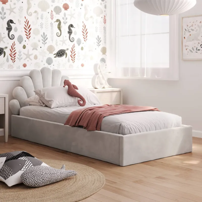 Kids Collective Kinderbett Polsterbett 90x200 cm Stauraumbett Kinder Bett Jugendbett mit Lattenrost & Metallrahmen | Bettkasten mit Gasdruckfedern, Kopfteil in Muschelform | von 4 bis 18 J