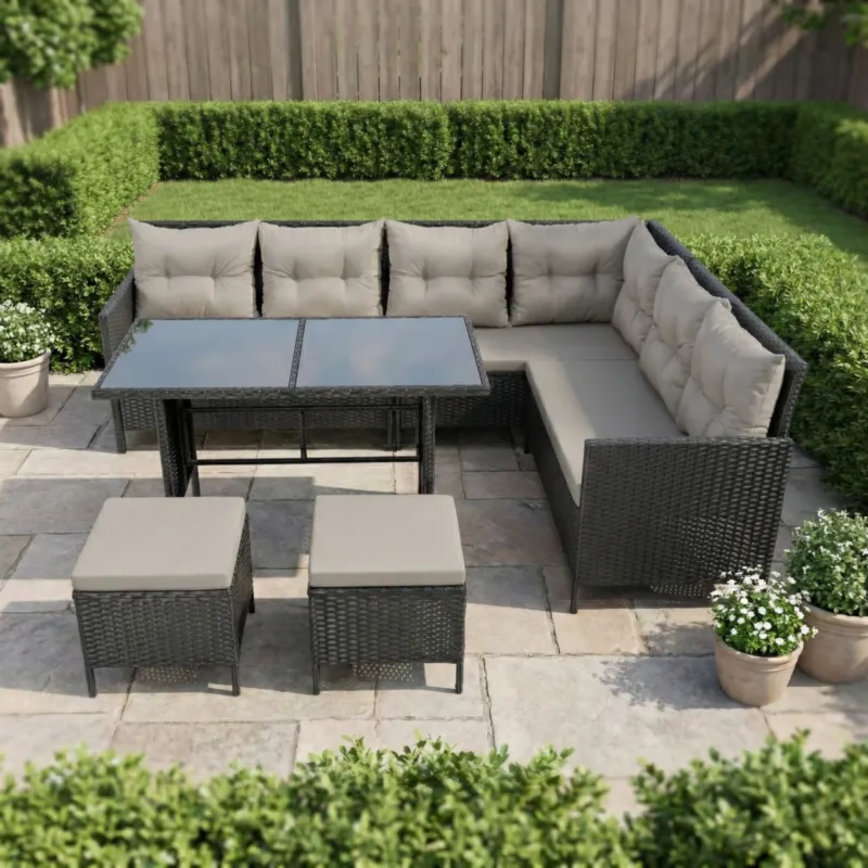 Home Collective Gartenmöbel Set 7-Sitzer mit Ecksofa Lounge Möbel Outdoor Gartenlounge Outdoor Sofa | mit gehärteter Glasplatte & gemütliche Polster für Garten | Polyrattan Schwarz & graue oder schwarze Kissen
